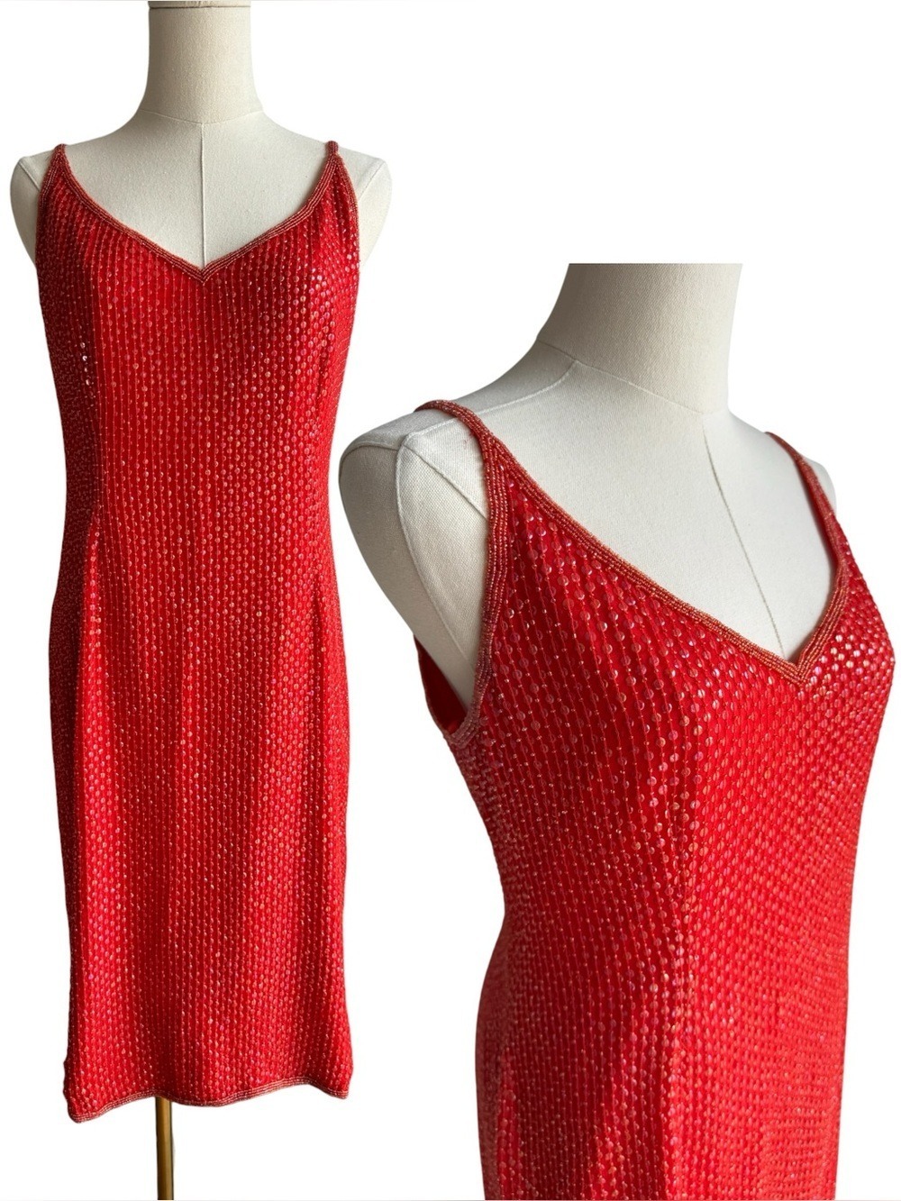 After Six Ronald Joyce Red Silk Beaded Evening Dress 10 Formal Cocktail Sequin